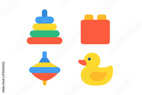 Colorful classic children's toys set featuring stacking rings, building block, spinning top, and rubber duck