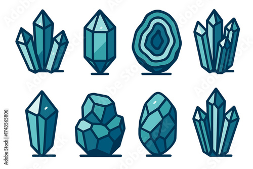 Stylized set of blue and teal colored crystals, gemstones, and raw minerals