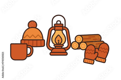 Collection of cozy winter essentials including warm hat, hot drink mug, lantern, firewood, and mittens