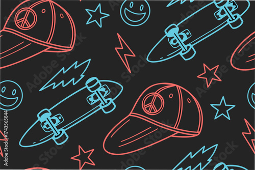 Seamless repeating pattern featuring a dynamic arrangement of skateboards and classic baseball caps in a vibrant youthful design