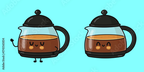 Cute coffee pot character drinking hot coffee