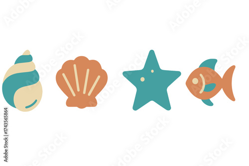 Collection of colorful flat design ocean creatures and seashells icons