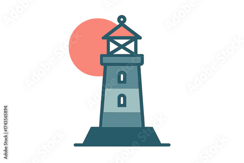 Coastal lighthouse tower standing against a large setting sun or rising moon