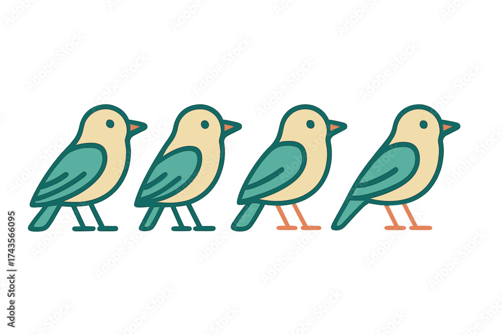 Obraz premium Four stylized small birds standing in a horizontal row minimal outline design