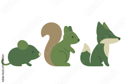 Stylized set of forest animals including mouse, squirrel, and fox in earthy green tones