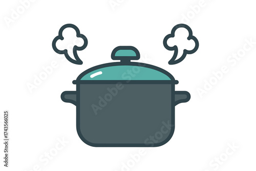 Stylized boiling pot with hot steam rising, kitchen cooking utensil graphic
