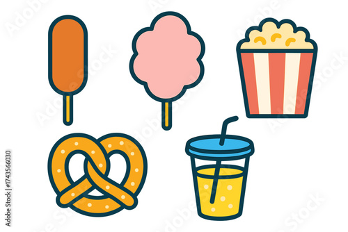 Classic amusement park food items: popcorn, pretzel, cotton candy, soda, and ice cream