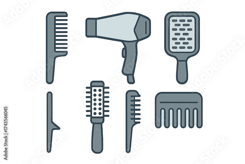 Collection of essential hair styling and grooming tools including combs, brushes, and a blow dryer