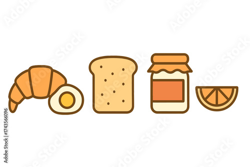 Minimalist set of breakfast food items including croissant, boiled egg, bread, and jam jar