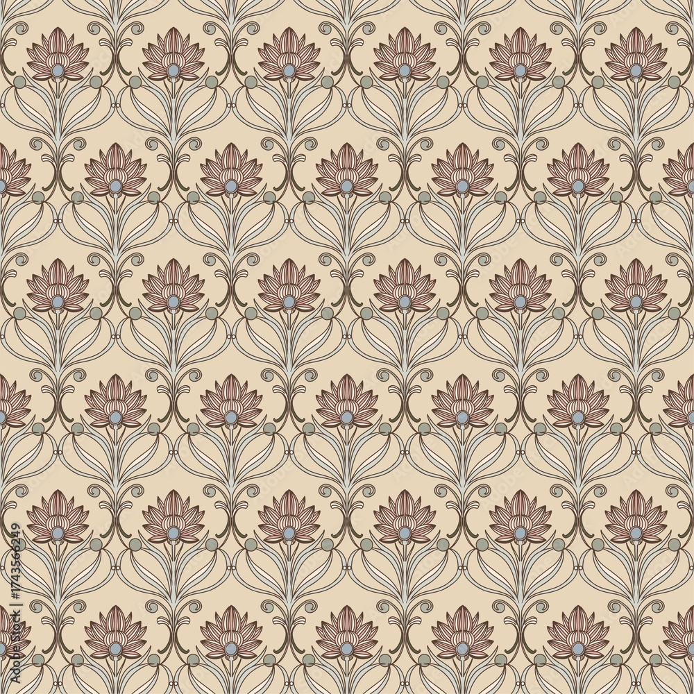 Obraz premium Modern, Art Deco, Art Nouveau. Seamless pattern of isolated, graceful botanical elements with a vintage feel for branding, advertising, and wedding design. Digital illustration.