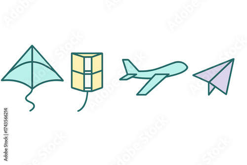 Air travel and flying objects icon set including kite and paper airplane