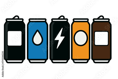 Assortment of five colorful aluminum beverage cans or energy drink containers with blank customizable labels
