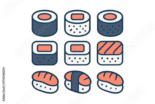 Stylized collection of nine Japanese sushi, maki, and nigiri roll icons for Asian cuisine