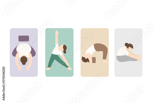 Stylized set of four yoga poses demonstrating stretching and balancing exercises for wellness