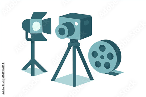Professional video camera on a tripod with studio spotlight and film reel for movie production