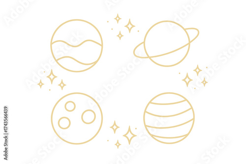 Cosmic arrangement of four celestial bodies planets and moon with sparkling stars