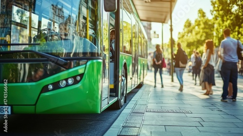 Fototapeta Naklejka Na Ścianę i Meble -  People boarding electric bus at modern city stop representing sustainable transport smart urban mobility eco infrastructure and clean energy future innovation