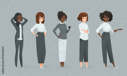 Confident businesswoman characters in five cartoon poses.  Vector set on gray background.