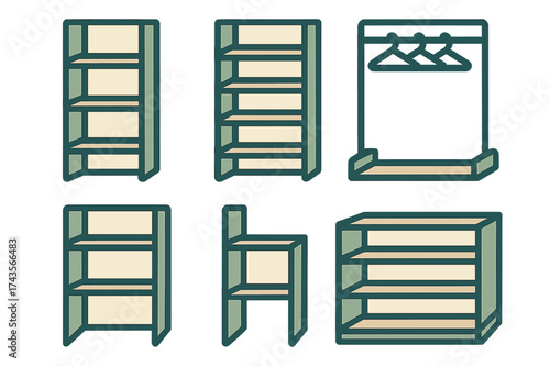 Simple storage furniture set featuring shelving units and clothes rack