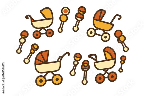 Retro style collection of baby strollers and newborn rattles arranged in a decorative circular pattern