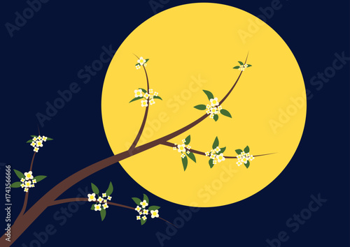 Vector Illustration of Osmanthus Branch Against Full Moon