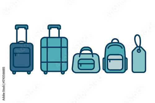 Travel baggage collection featuring rolling suitcases, duffel bag, backpack, and luggage tag