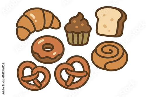 Collection of sweet and savory baked goods icons including bread, croissant, donut, and pretzel
