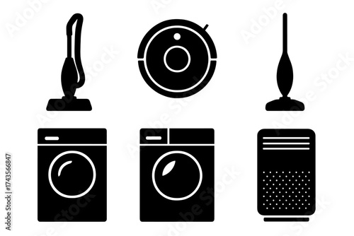 Black silhouette icons of modern household cleaning and laundry appliances