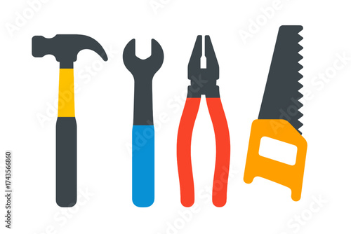 Set of essential construction and repair hand tools: hammer, wrench, pliers, and saw