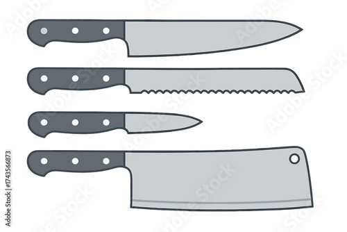 Set of four essential kitchen knives including chef knife, serrated bread knife, paring knife, and meat cleaver