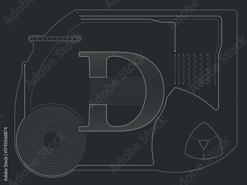 Technical Alphabet Letter D Schematic. Abstract data processing and programming font concept