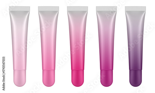Set of lip gloss tubed. Lip, eye cream, serum. Cosmetic product container mockup. Gradient pink, magenta, cherry and purple bottles with round cap