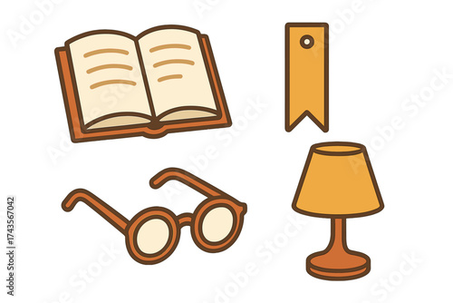 Set of reading and study essentials: open book, eyeglasses, bookmark, and desk lamp