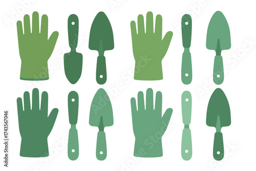 Seamless pattern of green gardening gloves and hand tools trowels and cultivators
