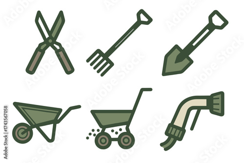 Set of essential gardening tools and equipment including shears, shovel, rake, and wheelbarrow