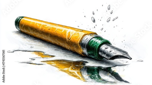 Yellow And Green Fountain Pen With Water Droplets On White Surface