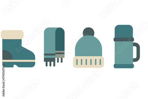 Essential winter accessories set including warm boot, knitted hat, long scarf, and insulated thermos mug