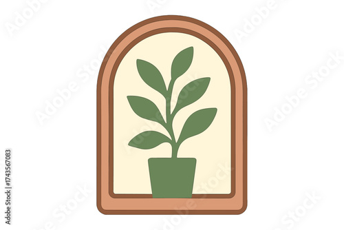 Minimalist potted houseplant inside a decorative arched frame in warm earthy tones