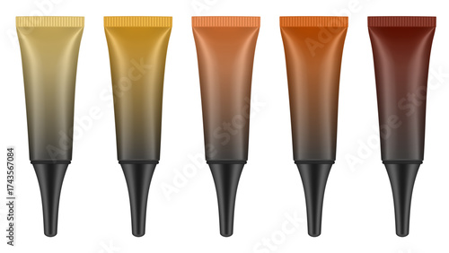 Set of tubes with long nozzle and black cap. Gradient yellow, gold, beige, bronze and brown tubes. Cosmetic packaging. Serum or ointment. Gel or cream. Foundation or concealer. 3d