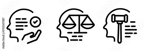 ethical principles in AI and machine learning icons feature a head with checkmark balance scale and gavel concepts of responsible development fairness, and legal regulation in artificial intelligence