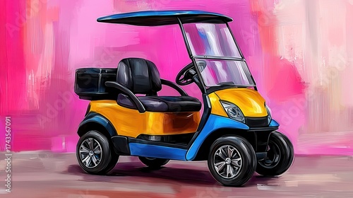 Yellow and Blue Golf Cart Painting on Pink Background