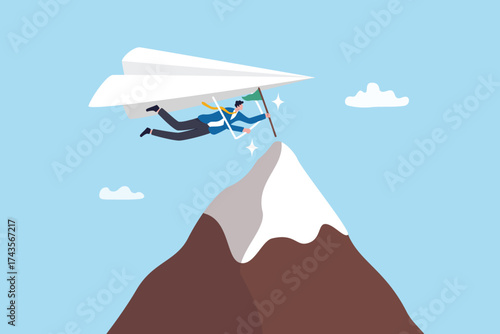Advantage to reach mountain peak success, achievement journey or victory, shortcut or creativity to fast success, challenge or performance concept, businessman flying to reach mountain peak flag.