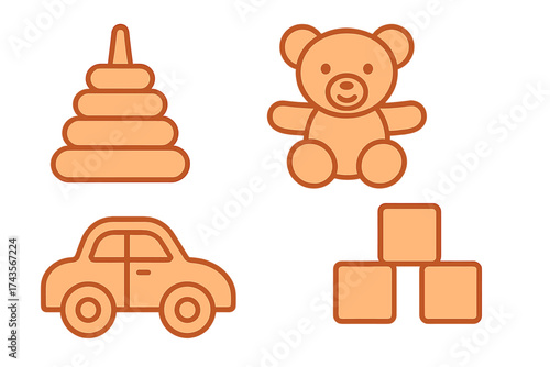 Classic baby and toddler toys collection including teddy bear, stacking rings, car, and blocks