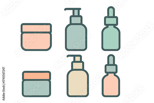 Minimalist set of cosmetic packaging containers including jars, lotion bottles, and serum droppers
