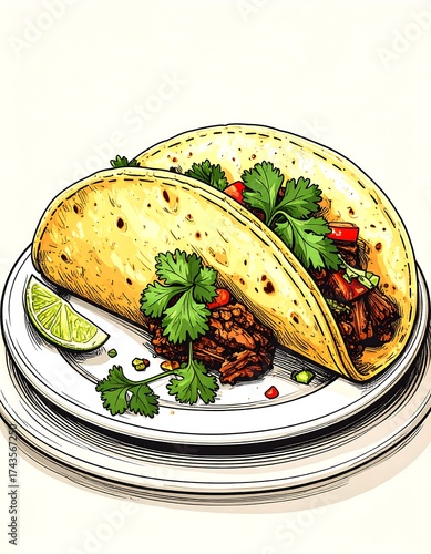 Two tacos on a plate, colorful illustration