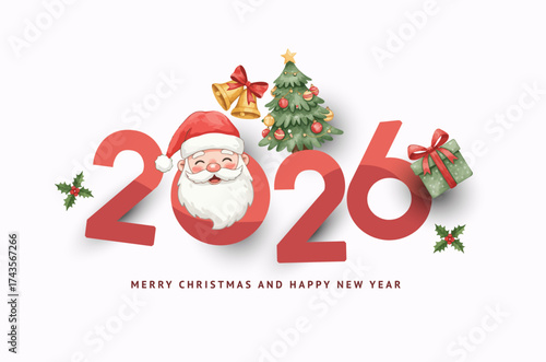 Watercolor Christmas and New Year 2026 Illustration with Santa Claus, Christmas Tree, and Gifts