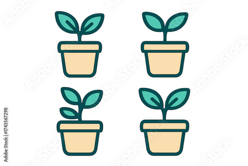 Set of four stylized icons depicting small green seedlings growing in simple flowerpots