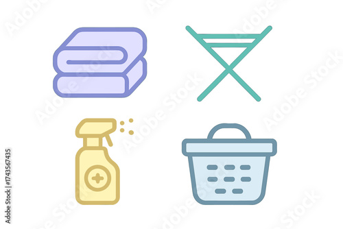 Set of household cleaning and laundry symbols including towels, drying rack, spray bottle, and hamper