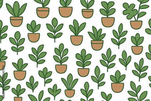 Seamless pattern of stylized green potted houseplants and leafy branches on white background