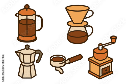 Collection of essential coffee brewing equipment including French press, pour over, Moka pot, and grinder